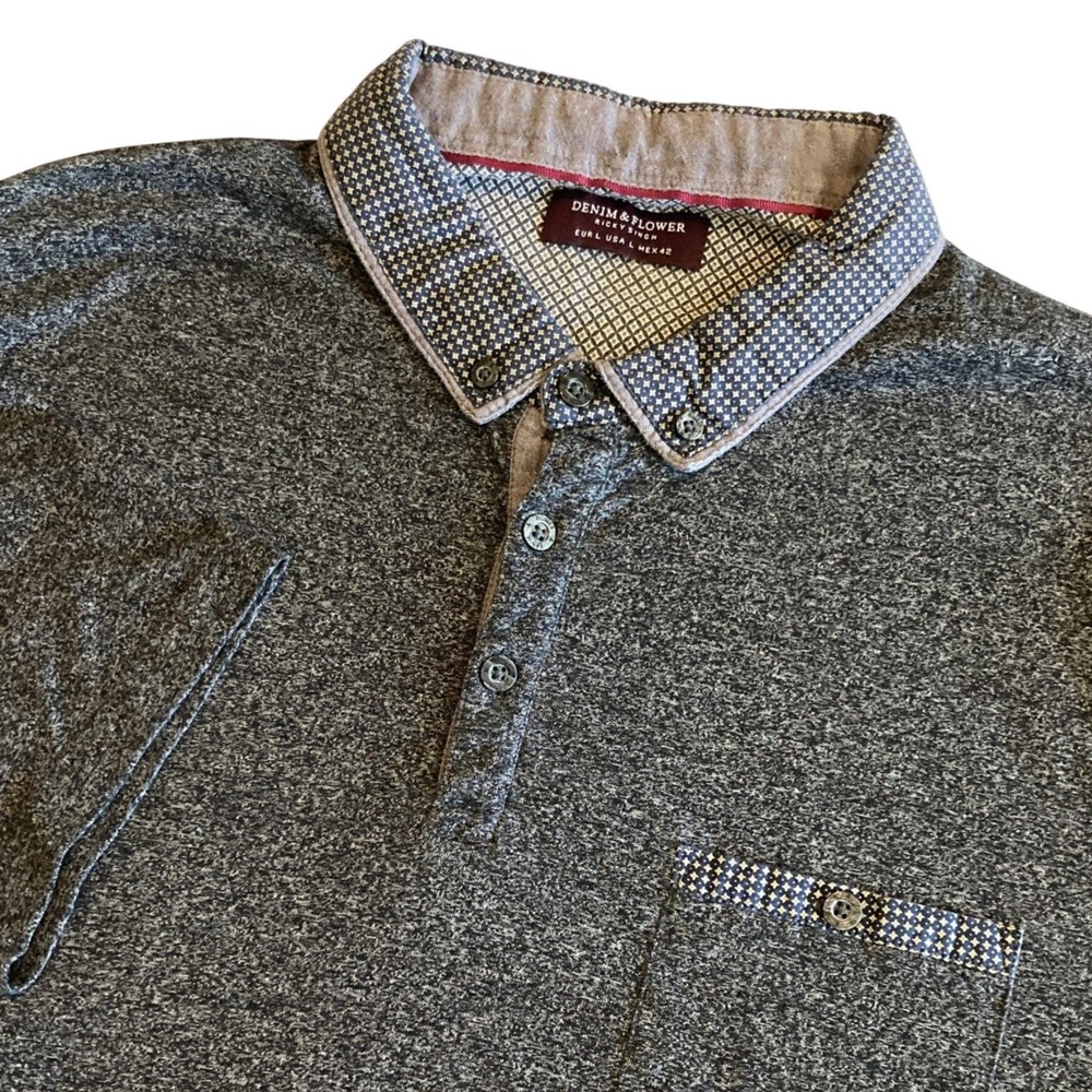 Denim & Flower Ricky Singh Mens‎ Large Gray Heathered Polo Shirt Geometric Trim